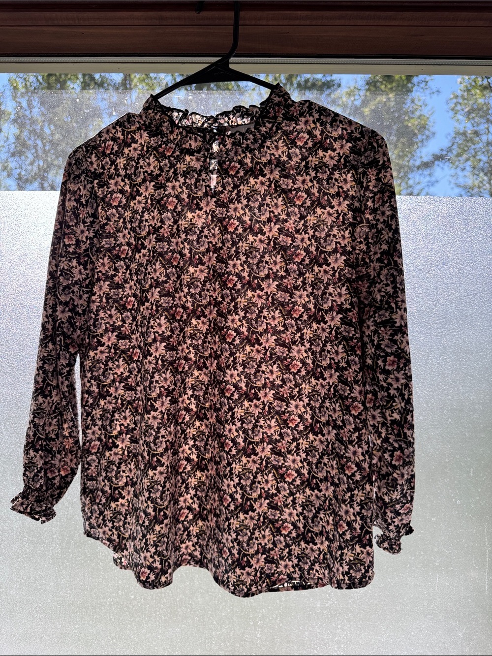 Floral Long-Sleeve Ruffle Neck Blouse - Black & Pink